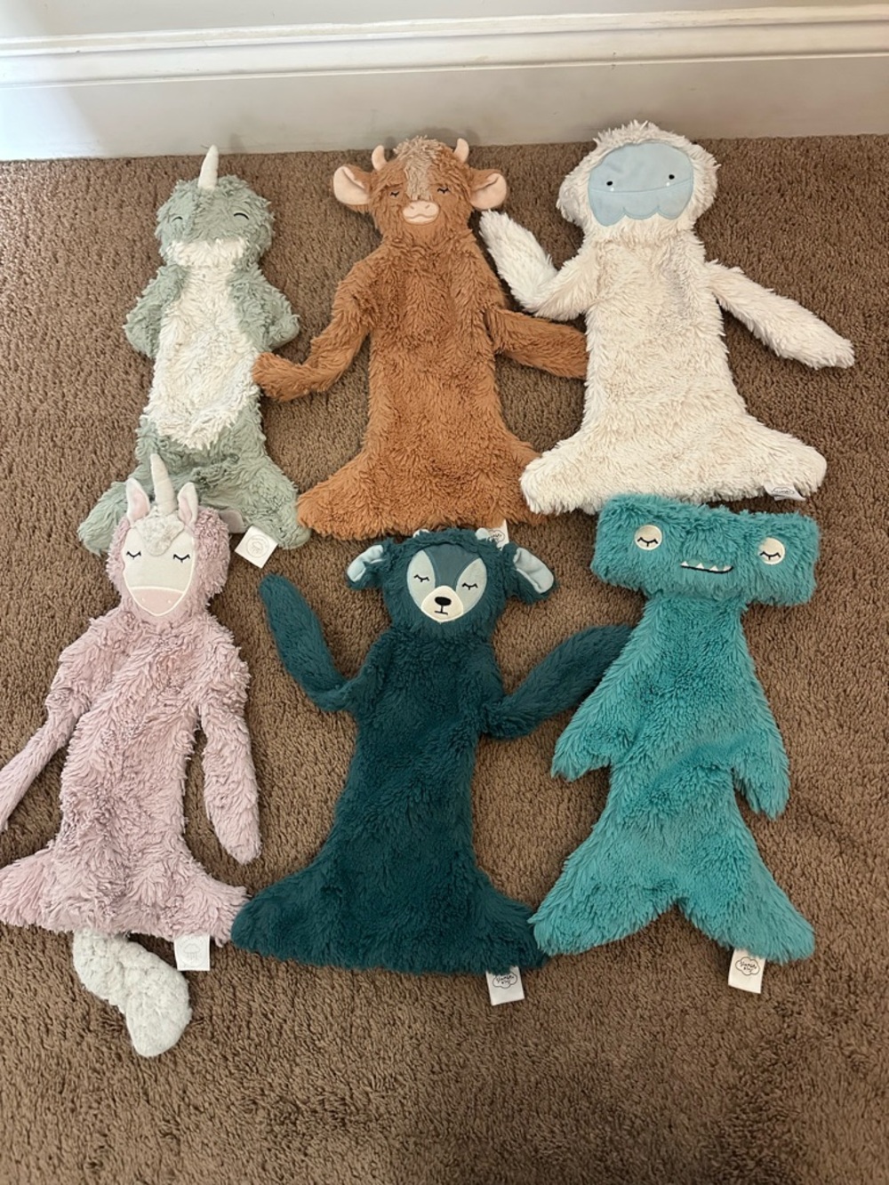 Slumberkins Snugglers Lot Of 6 Flat Plush Lovey Security Animals Unicorn Yeti